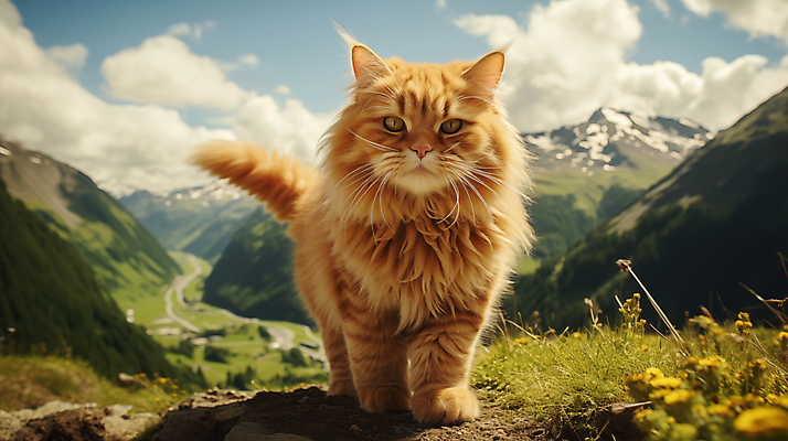 JPG 편집이미지 산 사람없음 귀여움 고양이 큼 디지털합성 편집소스 편집실사 AI포토 AI콘텐츠 컨셉 포유류 반려동물 크기 CG 파일형식