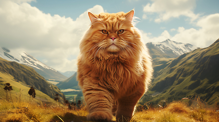 JPG 편집이미지 산 사람없음 귀여움 고양이 큼 디지털합성 편집소스 편집실사 AI포토 AI콘텐츠 컨셉 포유류 반려동물 크기 CG 파일형식