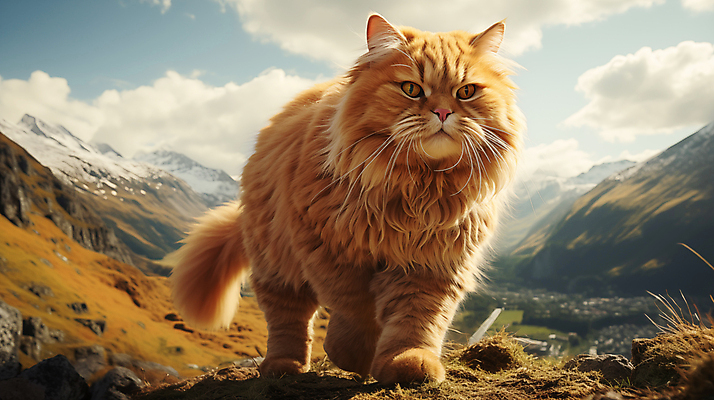 JPG 편집이미지 산 사람없음 귀여움 고양이 큼 디지털합성 편집소스 편집실사 AI포토 AI콘텐츠 컨셉 포유류 반려동물 크기 CG 파일형식