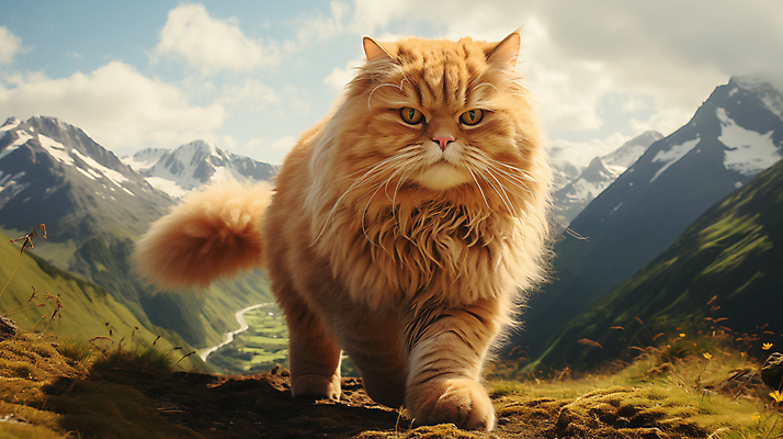 JPG 편집이미지 산 사람없음 귀여움 고양이 큼 디지털합성 편집소스 편집실사 AI포토 AI콘텐츠 컨셉 포유류 반려동물 크기 CG 파일형식