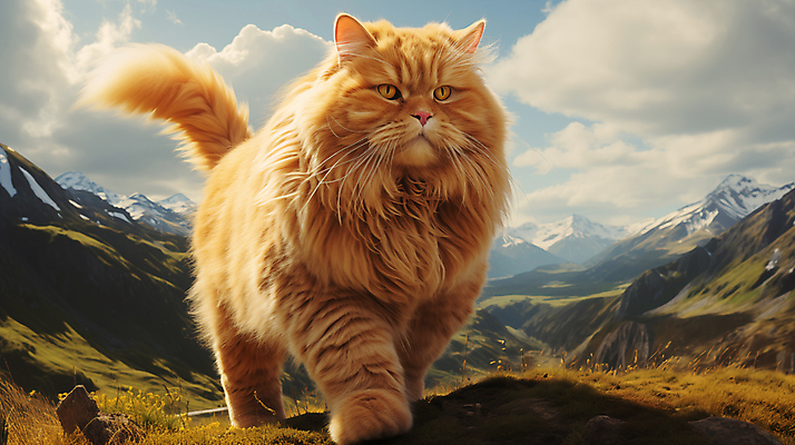 JPG 편집이미지 산 사람없음 귀여움 고양이 큼 디지털합성 편집소스 편집실사 AI포토 AI콘텐츠 컨셉 포유류 반려동물 크기 CG 파일형식