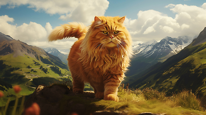 JPG 편집이미지 산 사람없음 귀여움 고양이 큼 디지털합성 편집소스 편집실사 AI포토 AI콘텐츠 컨셉 포유류 반려동물 크기 CG 파일형식