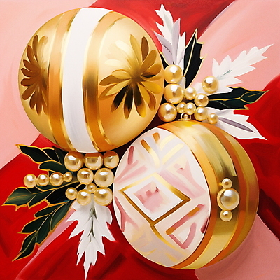 식물 계절 기념일 컬러 컨셉 크리스마스장식 크리스마스 파일형식 AI콘텐츠 잎 빨간색 금색 겨울 장식 오너먼트 일러스트 JPG 화려 사람없음 국내일러스트 AI일러스트