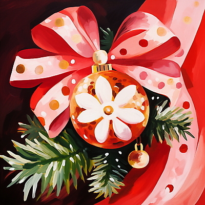 JPG 리본 잎 크리스마스장식 크리스마스 겨울 일러스트 사람없음 장식 빨간색 화려 오너먼트 국내일러스트 AI일러스트 AI콘텐츠 식물 계절 기념일 컬러 컨셉 파일형식