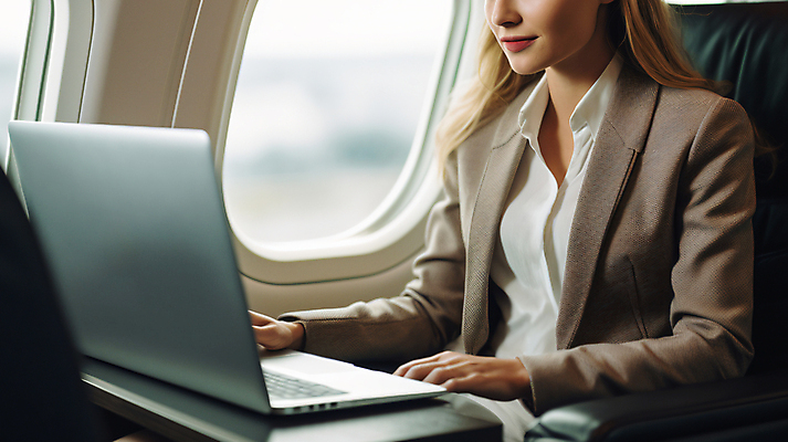 JPG 편집이미지 여자 비즈니스 한명 상반신 성인 노트북 업무 직장인 디지털합성 출장 비행기내부 성인여자한명만 편집실사 AI인물포토 AI콘텐츠 직업 1 비행기 사람 내부 전자제품 작업 CG 여자한명만 성인여자만 파일형식 AI포토