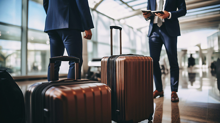 JPG 전신 편집이미지 남자 비즈니스 들기 두명 캐리어 업무 직장인 공항 디지털합성 출장 편집실사 AI인물포토 AI콘텐츠 직업 교통시설 모션 사람 여행가방 작업 CG 파일형식 AI포토