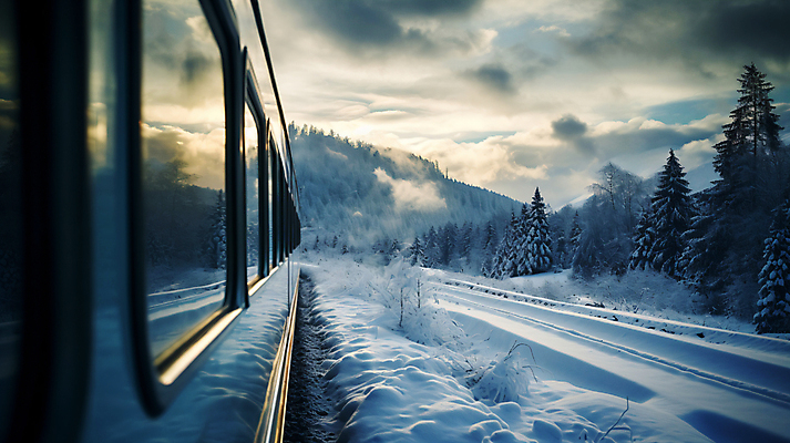 JPG 나무 편집이미지 여행 겨울 자연 사람없음 기차 눈 디지털합성 편집실사 AI포토 AI콘텐츠 자연요소 식물 계절 육상교통 날씨 대중교통 CG 생태계 파일형식