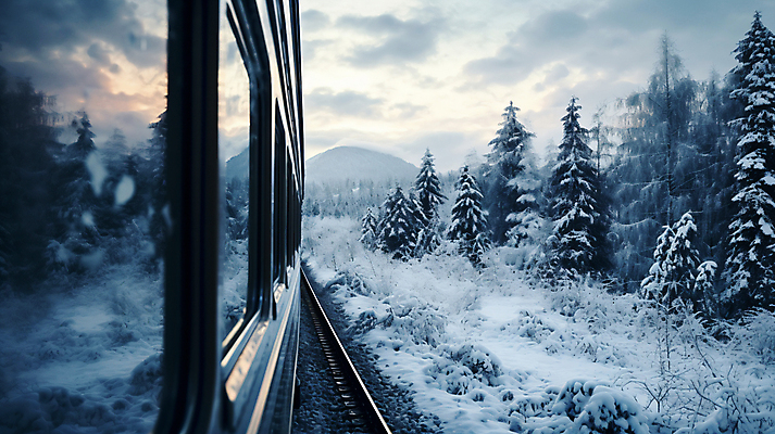 JPG 나무 편집이미지 여행 겨울 자연 사람없음 기차 눈 디지털합성 편집실사 AI포토 AI콘텐츠 자연요소 식물 계절 육상교통 날씨 대중교통 CG 생태계 파일형식