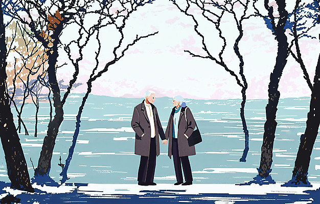 전신 PSD 나무 여자 할아버지 노년 남자 할머니 겨울 데이트 일러스트 사랑 서기 두명 마주보기 설원 손잡기 노부부 산책 눈 숲 주머니손 감성 노인만 겨울풍경 국내일러스트 자연요소 식물 부부 계절 감정 컨셉 모션 날씨 휴식 눈_날씨 사람 풍경 성인 성인만 파일형식