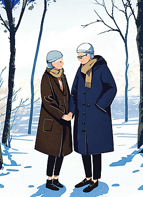 전신 PSD 나무 여자 할아버지 노년 남자 할머니 겨울 데이트 일러스트 사랑 두명 마주보기 설원 손잡기 노부부 눈 숲 주머니손 감성 노인만 겨울풍경 국내일러스트 자연요소 식물 부부 계절 감정 컨셉 모션 날씨 눈_날씨 사람 풍경 성인 성인만 파일형식