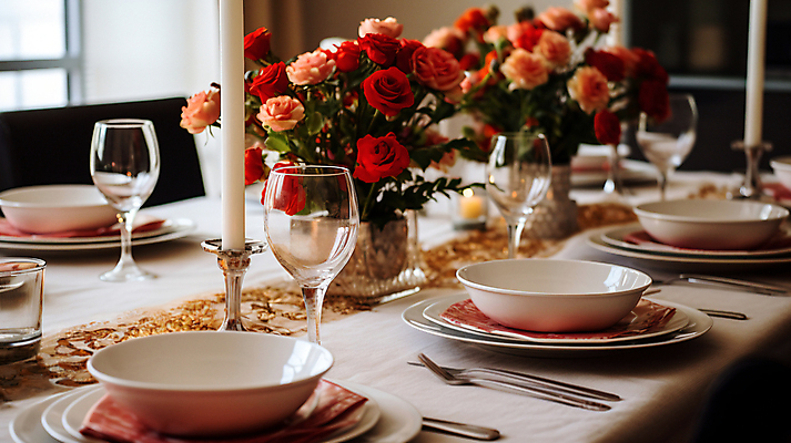 JPG 편집이미지 그릇 접시 꽃 크리스마스 겨울 와인잔 식탁 수저 실내 사람없음 꽃병 디지털합성 연말 홈파티 편집실사 AI포토 AI콘텐츠 식물 식기 계절 기념일 술잔 탁자 내부 파티 CG 파일형식