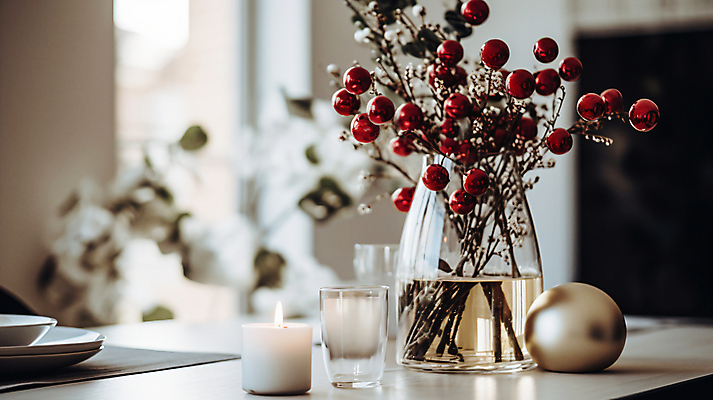 JPG 편집이미지 크리스마스 겨울 초 탁자 잔 실내 사람없음 꽃병 디지털합성 연말 홈파티 오너먼트 편집실사 AI포토 AI콘텐츠 식기 계절 기념일 꽃 가구 크리스마스장식 내부 파티 CG 파일형식