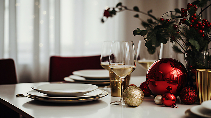 JPG 편집이미지 접시 화분 크리스마스 겨울 식탁 탁자 실내 사람없음 와인 디지털합성 연말 홈파티 오너먼트 편집실사 AI포토 AI콘텐츠 식기 계절 기념일 가구 크리스마스장식 주류 내부 파티 CG 파일형식