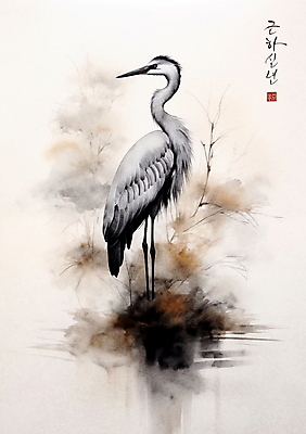 PSD 한마리 일러스트 캘리그라피 붓터치 근하신년 새해 수묵화 사람없음 학 물가 풀 동양화 번짐 낙관 국내일러스트 식물 1 조류 미술 풍경 파일형식 효과