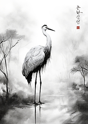 PSD 한마리 일러스트 캘리그라피 붓터치 근하신년 새해 수묵화 사람없음 학 물가 풀 동양화 번짐 낙관 국내일러스트 식물 1 조류 미술 풍경 파일형식 효과