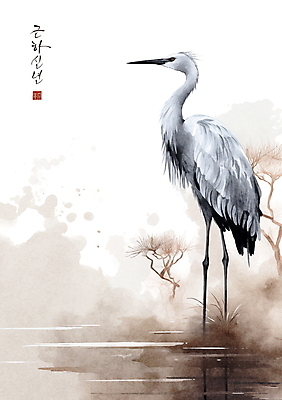 PSD 한마리 일러스트 캘리그라피 붓터치 근하신년 새해 수묵화 사람없음 학 물가 풀 동양화 번짐 낙관 국내일러스트 식물 1 조류 미술 풍경 파일형식 효과