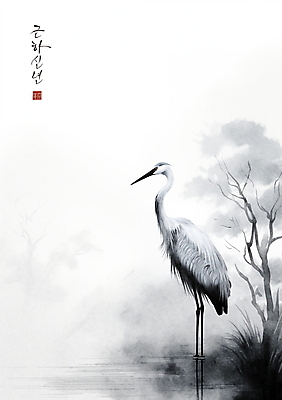 PSD 한마리 일러스트 캘리그라피 붓터치 근하신년 새해 수묵화 사람없음 학 물가 풀 동양화 번짐 낙관 국내일러스트 식물 1 조류 미술 풍경 파일형식 효과