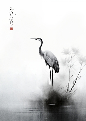 PSD 한마리 일러스트 캘리그라피 붓터치 근하신년 새해 수묵화 사람없음 학 물가 풀 동양화 번짐 낙관 국내일러스트 식물 1 조류 미술 풍경 파일형식 효과