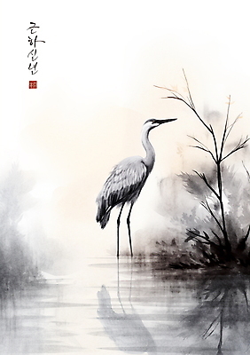 PSD 한마리 일러스트 캘리그라피 붓터치 근하신년 새해 수묵화 사람없음 학 물가 풀 동양화 번짐 낙관 국내일러스트 식물 1 조류 미술 풍경 파일형식 효과