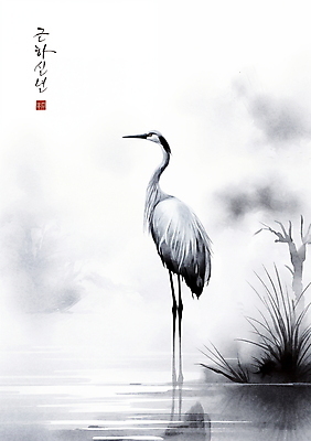 PSD 한마리 일러스트 캘리그라피 붓터치 근하신년 새해 수묵화 사람없음 학 물가 풀 동양화 번짐 낙관 국내일러스트 식물 1 조류 미술 풍경 파일형식 효과