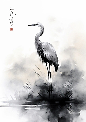 PSD 한마리 일러스트 캘리그라피 붓터치 근하신년 새해 수묵화 사람없음 학 물가 풀 동양화 번짐 낙관 국내일러스트 식물 1 조류 미술 풍경 파일형식 효과