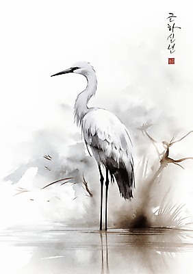 PSD 한마리 일러스트 캘리그라피 붓터치 근하신년 새해 수묵화 사람없음 학 물가 풀 동양화 번짐 낙관 국내일러스트 식물 1 조류 미술 풍경 파일형식 효과