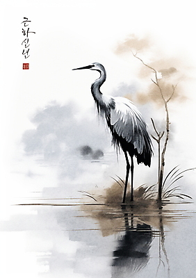 PSD 한마리 일러스트 캘리그라피 붓터치 근하신년 새해 수묵화 사람없음 학 물가 풀 동양화 번짐 낙관 국내일러스트 식물 1 조류 미술 풍경 파일형식 효과