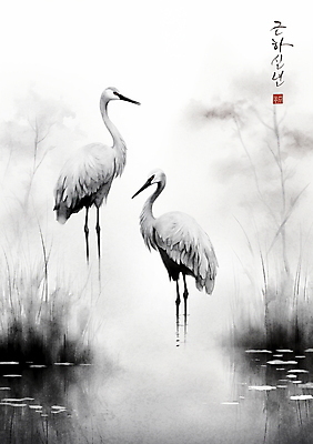 PSD 두마리 일러스트 캘리그라피 붓터치 근하신년 새해 수묵화 사람없음 학 물가 풀 동양화 번짐 낙관 국내일러스트 식물 2 조류 미술 풍경 파일형식 효과