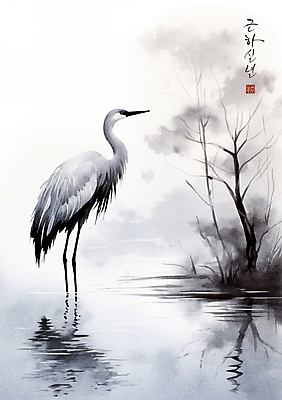 PSD 한마리 일러스트 캘리그라피 붓터치 근하신년 새해 수묵화 사람없음 학 물가 풀 동양화 번짐 낙관 국내일러스트 식물 1 조류 미술 풍경 파일형식 효과