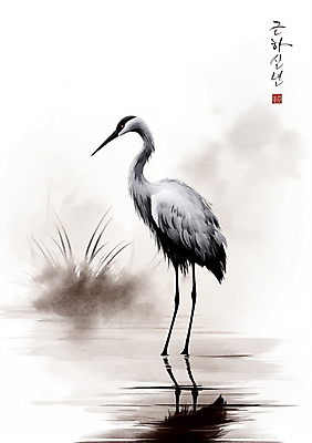 PSD 한마리 일러스트 캘리그라피 붓터치 근하신년 새해 수묵화 사람없음 학 물가 풀 동양화 번짐 낙관 국내일러스트 식물 1 조류 미술 풍경 파일형식 효과