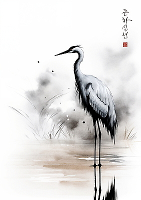 PSD 한마리 일러스트 캘리그라피 붓터치 근하신년 새해 수묵화 사람없음 학 물가 풀 동양화 번짐 낙관 국내일러스트 식물 1 조류 미술 풍경 파일형식 효과