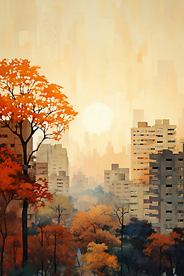 JPG 나무 단풍 일러스트 하늘 단풍나무 풍경 사람없음 건물 일몰 가을 도시 국내일러스트 AI일러스트 AI콘텐츠 식물 건축물 계절 잎 노을 파일형식