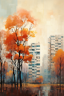 JPG 나무 단풍 일러스트 하늘 단풍나무 풍경 사람없음 건물 일몰 가을 도시 국내일러스트 AI일러스트 AI콘텐츠 식물 건축물 계절 잎 노을 파일형식