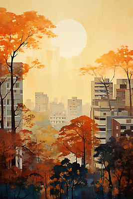 JPG 나무 단풍 일러스트 하늘 단풍나무 풍경 사람없음 건물 일몰 가을 도시 국내일러스트 AI일러스트 AI콘텐츠 식물 건축물 계절 잎 노을 파일형식