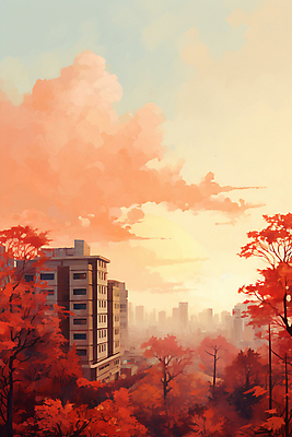 JPG 나무 구름 단풍 일러스트 하늘 단풍나무 풍경 사람없음 건물 일몰 가을 도시 국내일러스트 AI일러스트 AI콘텐츠 자연요소 식물 건축물 계절 잎 노을 파일형식