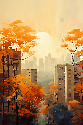 JPG 나무 단풍 일러스트 하늘 단풍나무 풍경 사람없음 건물 일몰 가을 도시 국내일러스트 AI일러스트 AI콘텐츠 식물 건축물 계절 잎 노을 파일형식