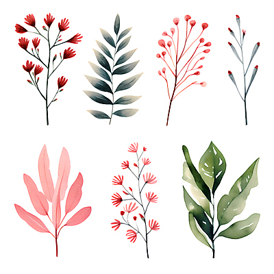 PSD 열매 꽃 스티커 크리스마스 겨울 일러스트 나뭇잎 수채화 사람없음 세트 풀잎 오브젝트 엘리먼트 국내일러스트 식물 계절 기념일 잎 풀_식물 파일형식