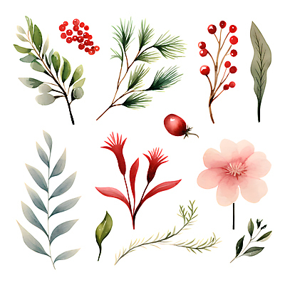 PSD 열매 꽃 스티커 크리스마스 겨울 일러스트 나뭇잎 수채화 사람없음 세트 풀잎 오브젝트 엘리먼트 국내일러스트 식물 계절 기념일 잎 풀_식물 파일형식