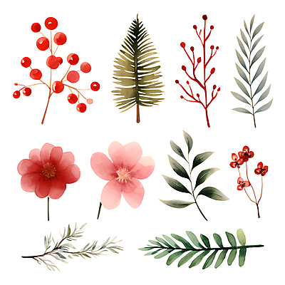 PSD 열매 꽃 스티커 크리스마스 겨울 일러스트 나뭇잎 수채화 사람없음 세트 풀잎 오브젝트 엘리먼트 국내일러스트 식물 계절 기념일 잎 풀_식물 파일형식