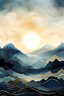 JPG 구름 백그라운드 일러스트 자연 하늘 수채화 풍경 사람없음 태양 산맥 국내일러스트 AI일러스트 AI콘텐츠 자연요소 산 생태계 파일형식