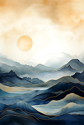 JPG 백그라운드 일러스트 자연 하늘 수채화 풍경 사람없음 태양 산맥 국내일러스트 AI일러스트 AI콘텐츠 자연요소 산 생태계 파일형식