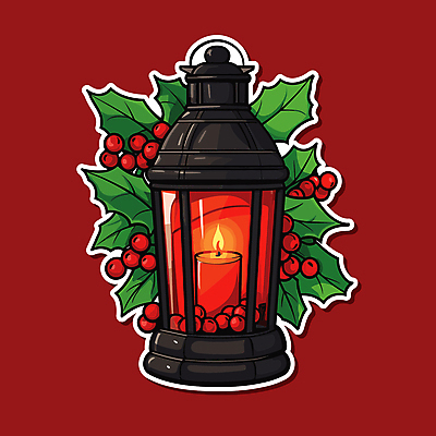 스티커 크리스마스 일러스트 사람없음 장식 빨간색 랜턴 오브젝트 호랑가시나무열매 국내일러스트 AI파일 기념일 열매 컬러 조명 파일형식 벡터