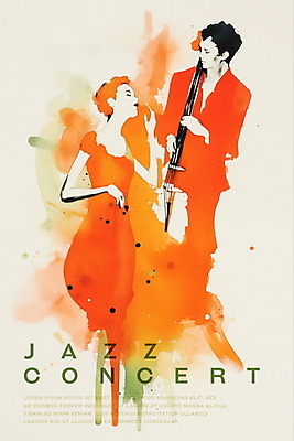 PSD 여자 남자 포스터 예술 일러스트 수채화 상반신 성인 두명 주황색 공연 초대장 번짐 재즈 성인만 국내일러스트 음악 컬러 카드_감사 사람 이벤트 파일형식 효과