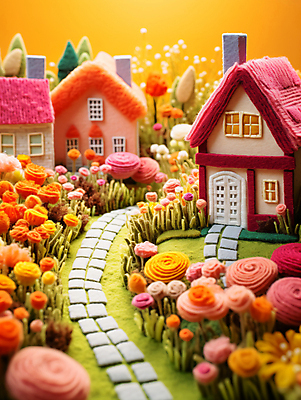 JPG 편집이미지 꽃 길 주택 사람없음 정원 공예 디지털합성 양모 펠트 아기자기 편집실사 AI포토 AI콘텐츠 식물 컨셉 취미 건물 직물 CG 파일형식 천_직물