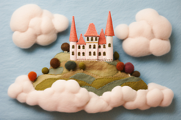 JPG 구름 편집이미지 산 주택 사람없음 정원 공예 언덕 디지털합성 양모 대저택 펠트 아기자기 편집실사 AI포토 AI콘텐츠 자연요소 컨셉 취미 건물 직물 CG 파일형식 천_직물