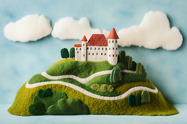 JPG 구름 편집이미지 산 주택 사람없음 정원 공예 디지털합성 양모 대저택 펠트 아기자기 편집실사 AI포토 AI콘텐츠 자연요소 컨셉 취미 건물 직물 CG 파일형식 천_직물