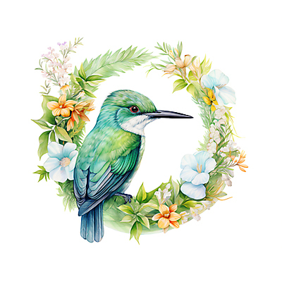 JPG 무료이미지 한마리 꽃 일러스트 조류 수채화 사람없음 초록색 분위기 감성 국내일러스트 AI일러스트 AI콘텐츠 식물 동물 1 컬러 컨셉 파일형식