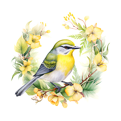 JPG 한마리 꽃 일러스트 조류 수채화 사람없음 초록색 분위기 감성 국내일러스트 AI일러스트 AI콘텐츠 식물 동물 1 컬러 컨셉 파일형식