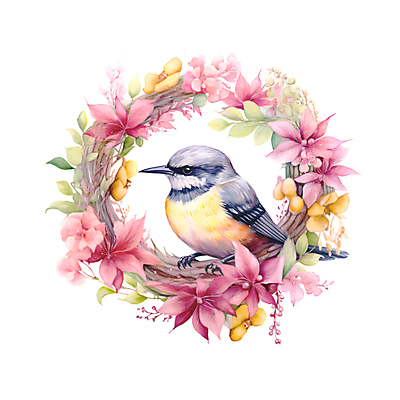 JPG 한마리 꽃 분홍색 일러스트 조류 수채화 사람없음 분위기 감성 국내일러스트 AI일러스트 AI콘텐츠 식물 동물 1 컬러 컨셉 파일형식