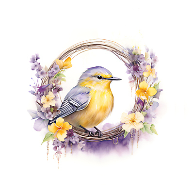 JPG 한마리 꽃 일러스트 조류 수채화 사람없음 보라색 분위기 감성 국내일러스트 AI일러스트 AI콘텐츠 식물 동물 1 컬러 컨셉 파일형식